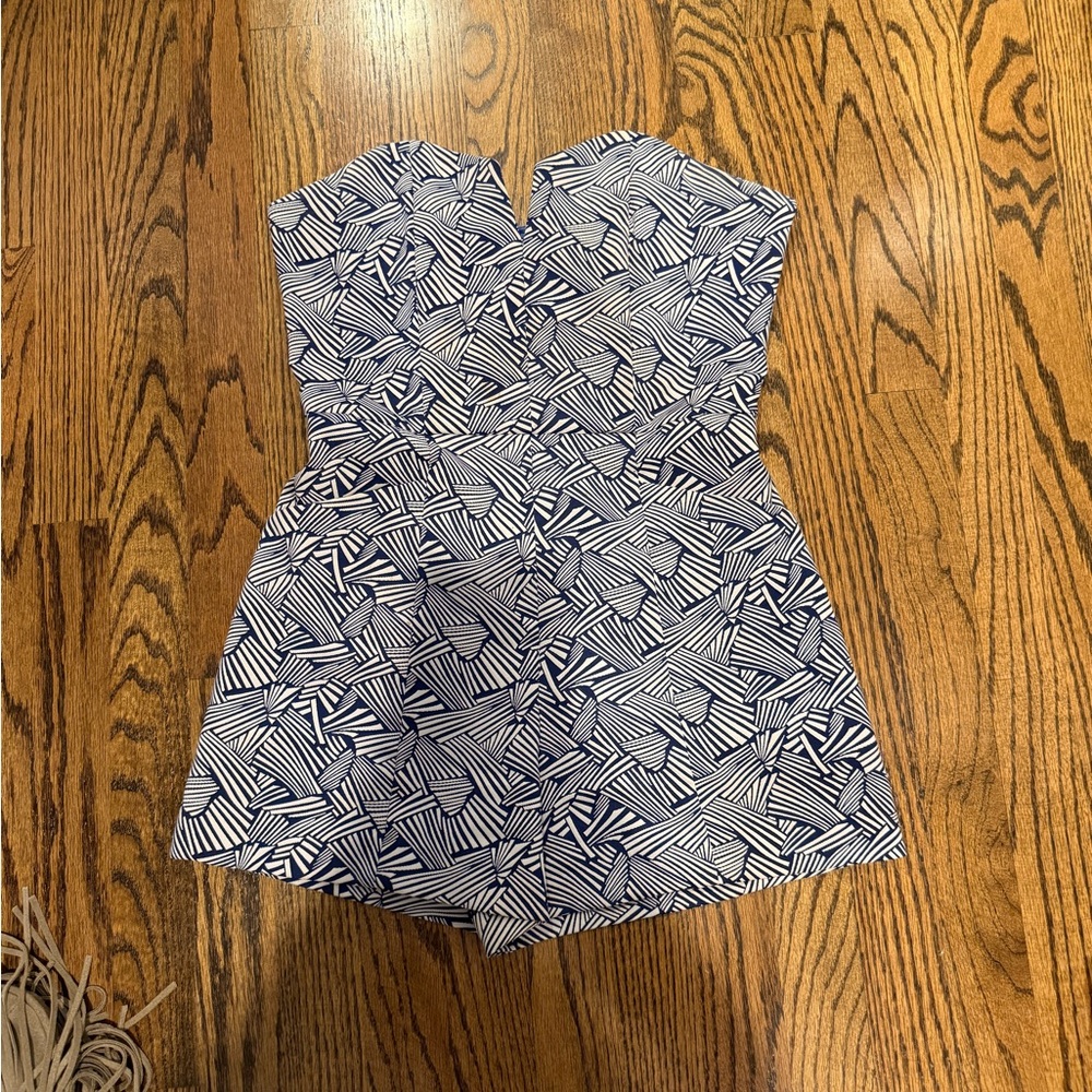 Strapless Navy & White Geometric Print Romper
